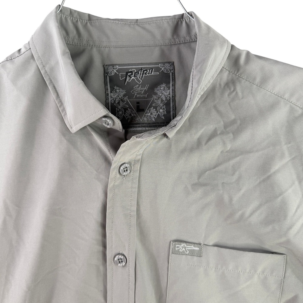 Retro Rifle Button Down Shirt Mens Large Gray Short Sleeve Stretch Tactical